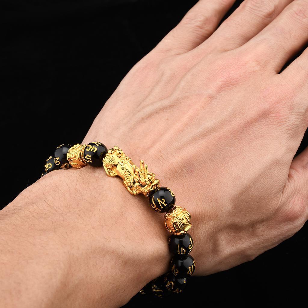 Feng Shui Black Obsidian Stone 10 Karat Gold Bracelet